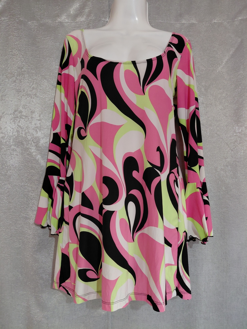 Vintage Style 60's 70's Shirley Of Hollywood Swirl Print Bell Sleeve Sz M L TUNI
